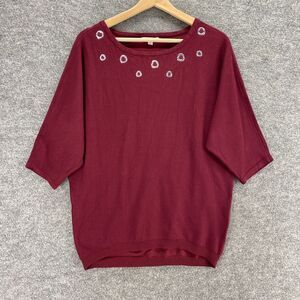 89th+Madison Sweater Pullover Women M Medium Red 3/4 Sleeve Knit Round Neck